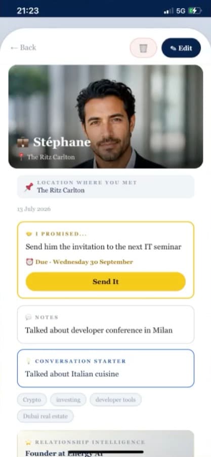 Who Was That contact screen showing where you met someone, a promise you made, and a conversation starter for next time